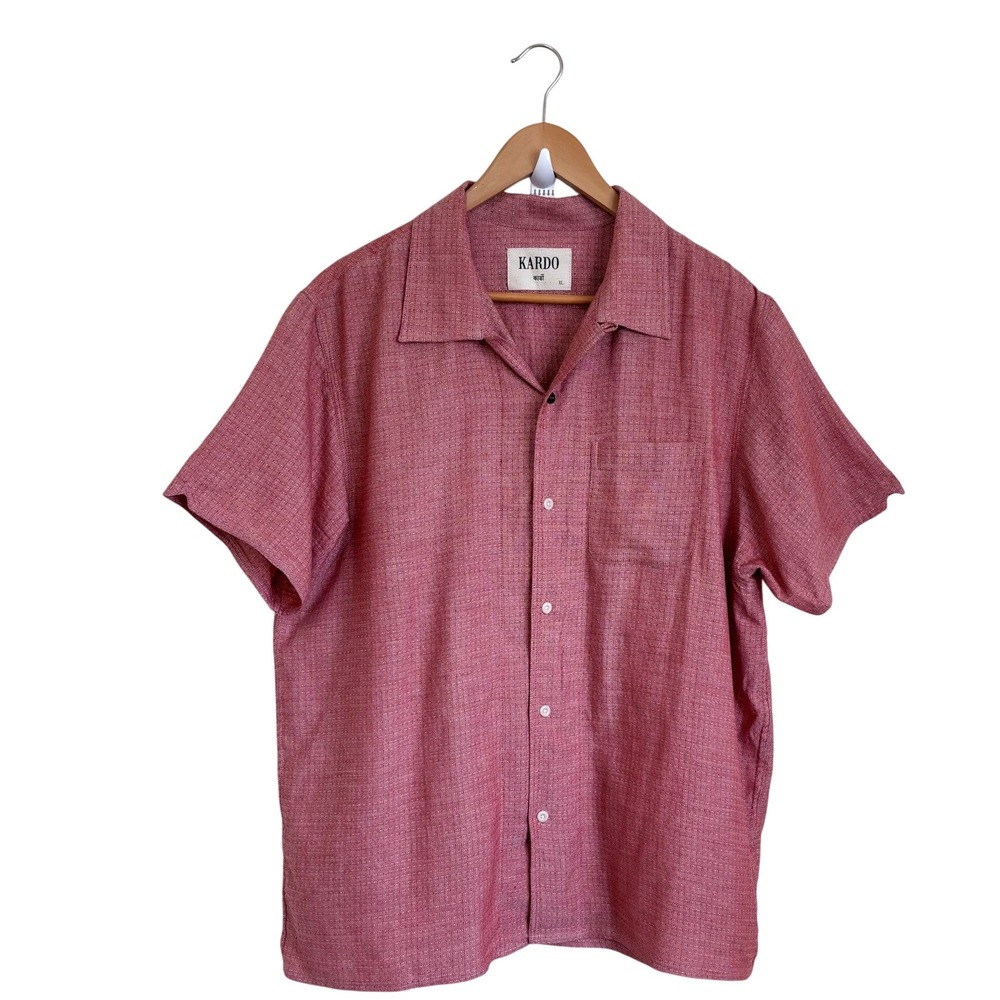 Kardo Mens Camp Short Sleeve Shirt XL Red Handcrafted Cotton Button Down